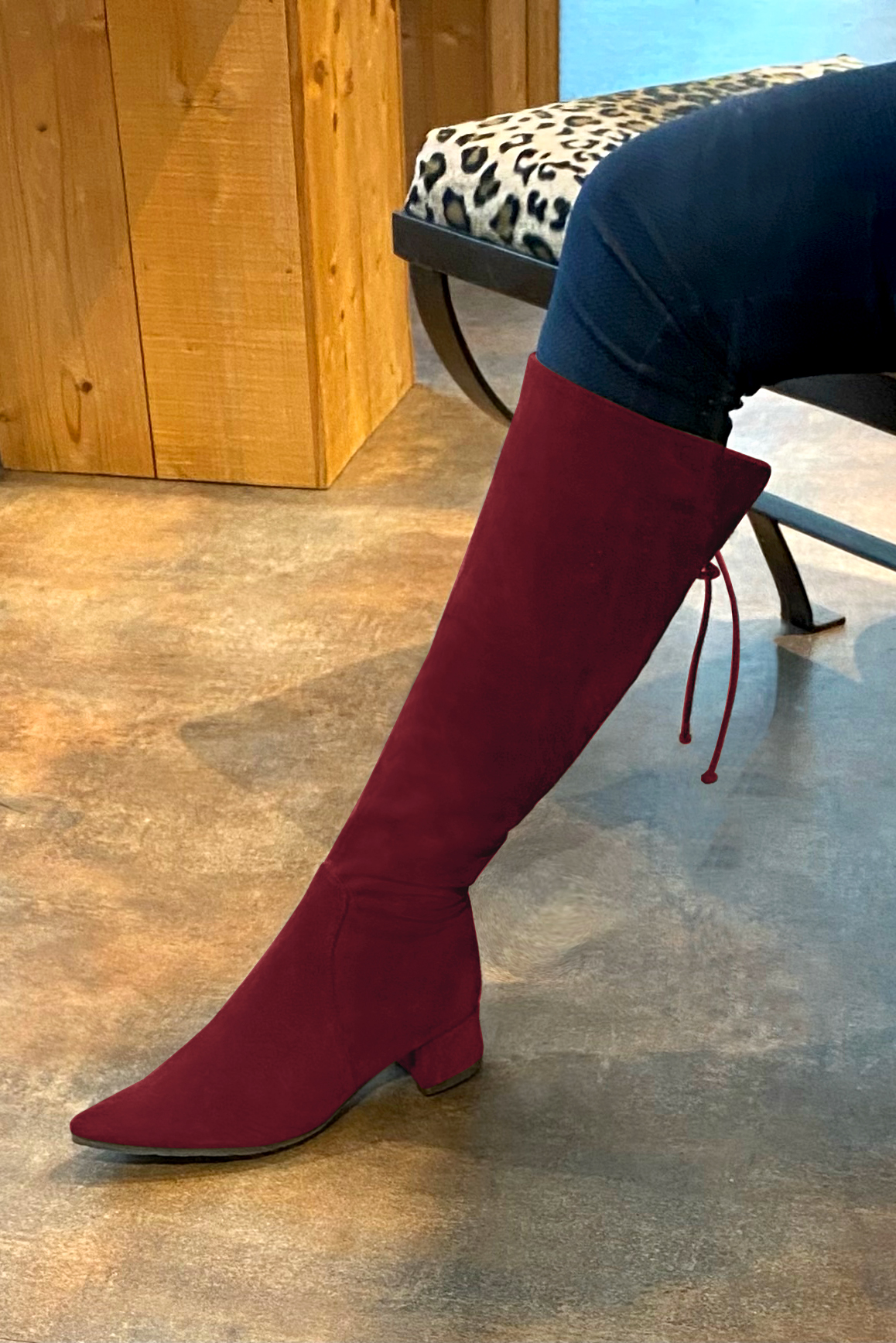 Burgundy red women's knee-high boots, with laces at the back. Tapered toe. Low flare heels. Made to measure. Worn view - Florence KOOIJMAN